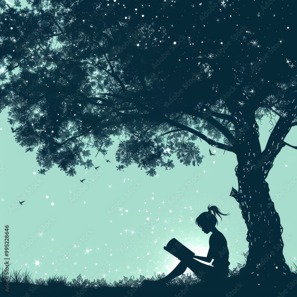 Poster silhouette of a person reading under a tree in a calming lofi background.