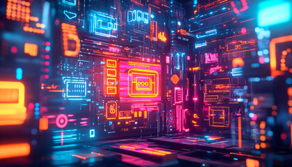 Obraz premium Bright, glowing neon signs in various shapes and colors, with a futuristic, cyberpunk-style backdrop