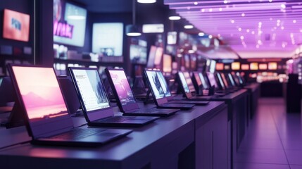 an indoor computer sales market, counters filled with demo laptops, under the warm glow of overhead lights. The setting captures the hustle of customers exploring technology.