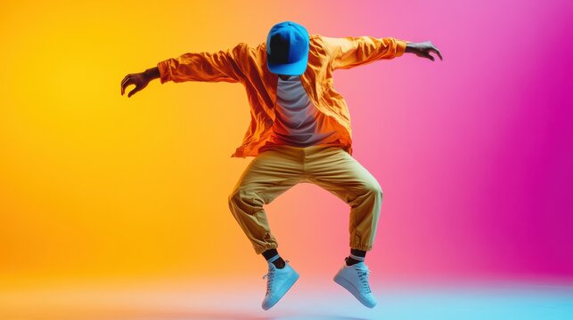 Colorful dance school ad with skilled male performer