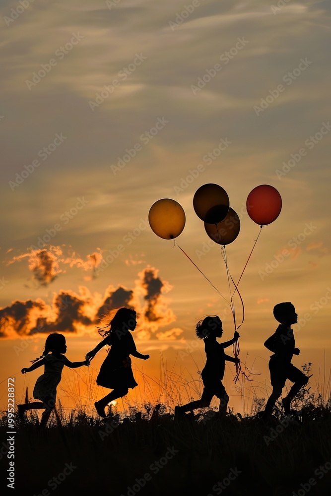 Poster a group of children are running through a field with balloons in the air