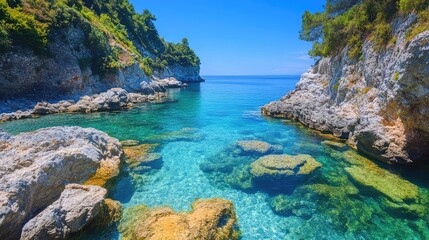 Obraz premium A secluded cove with crystal-clear waters and colorful marine life