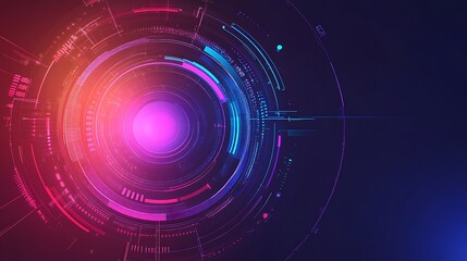 Abstract futuristic technology background with glowing neon circles and lines in pink, blue, and orange hues.