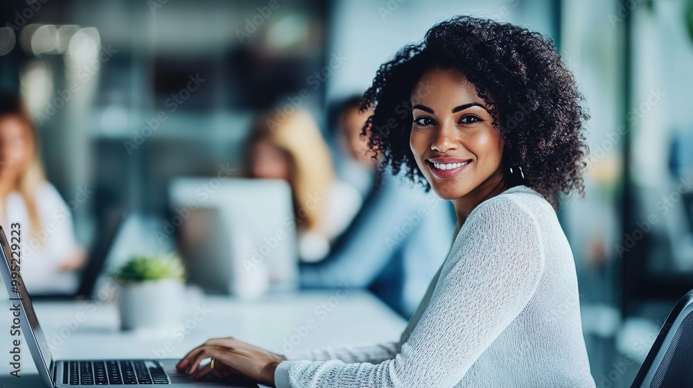 Poster Happy Businesswoman Working on Laptop in Modern Office