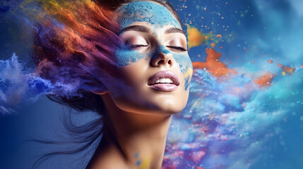 Art Portrait of a beautiful woman with creative make-up and colorful splashes. Portrait of a attractive girl  with colorful splashes on her face. Concept - Beauty, Cosmetics,  Makeup. AI generated.