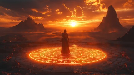 Mysterious Hooded Figure Standing Inside a Glowing Magical Circle at Sunset, Summoning Power in a Dramatic Fantasy Landscape with Fiery Skies and Mountains