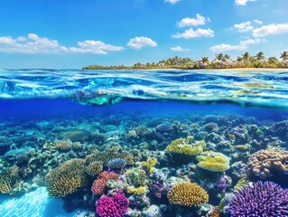 Vibrant Underwater Coral Reef Scene in Clear Blue Water