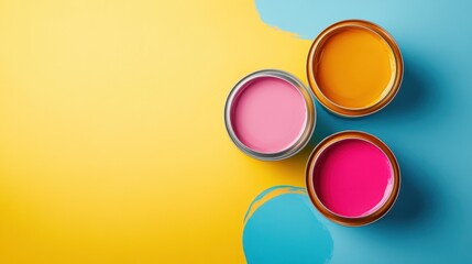 Banner with four open cans of paint with brushes on them on bright colorful background. Yellow, orange, pink, blue colors of paint. Top view, copy space. House renovation web line sale, special offer