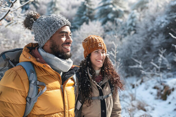 Family enjoying nature and each other's company. Winter entertainment concept. Two happy young multiracial couple hiking together in trail in snowy mountains on the background. 