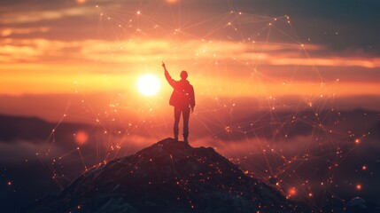 Fototapeta premium A silhouette stands on a mountain peak, reaching toward a glowing sunset with digital elements.