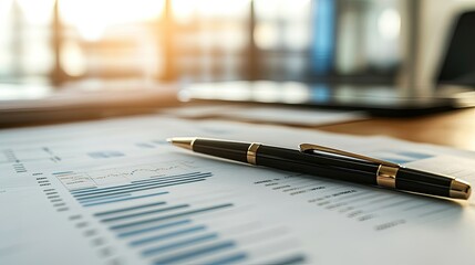 Fototapeta premium A close-up of business documents and a pen laid out neatly on a conference room table.