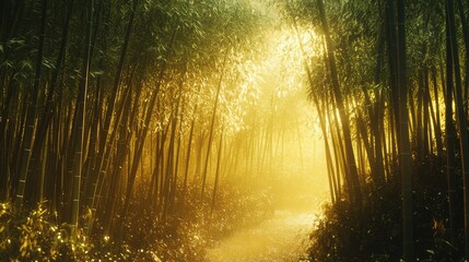 Obraz premium A serene bamboo forest illuminated by soft, golden light