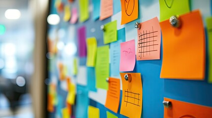 A close-up of colorful sticky notes and charts pinned to a brainstorming wall in a creative workspace.
