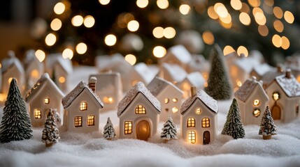 Fototapeta premium Christmas Snow Falling on Burning light background with little toy houses