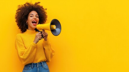 Obraz premium Black Friday flyer background with a woman on a yellow background using megaphone and copy space