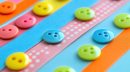 Fototapeta premium A close-up view of colorful candy buttons on a strip of paper, their cheerful dots forming a fun and playful pattern