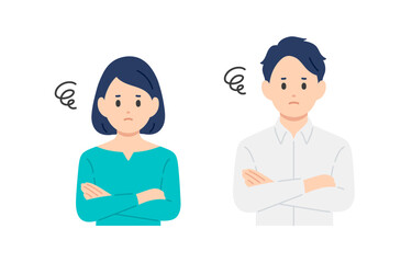 Fototapeta premium 腕を組んで悩むポーズをする若い男女のセット【人物ベクターイラスト素材】