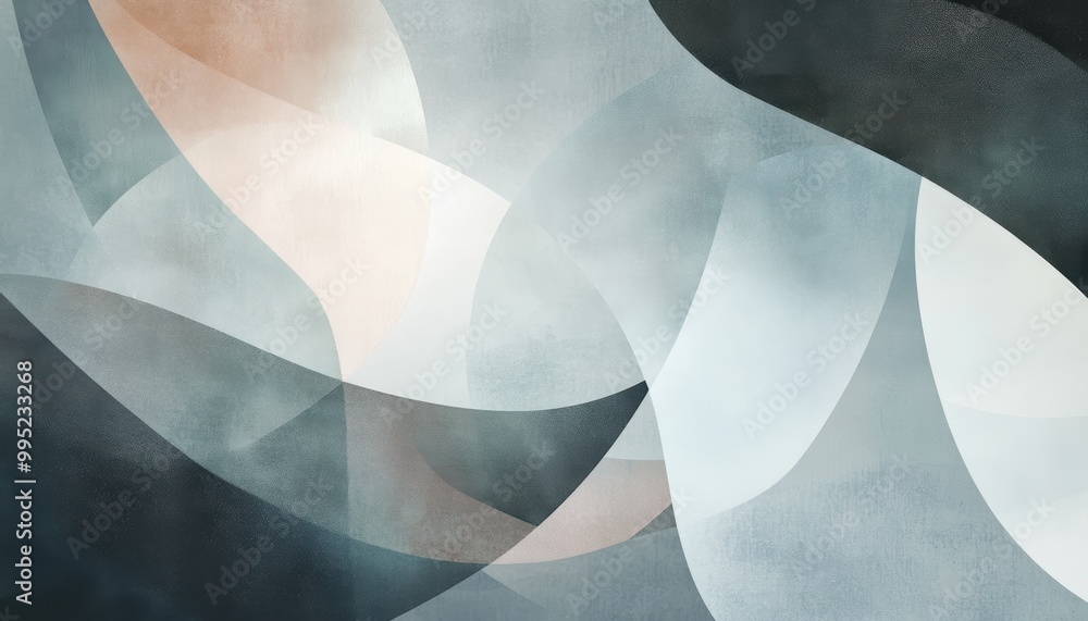 Poster abstract art with overlapping curved shapes and textured surfaces in blue, white, and brown tones