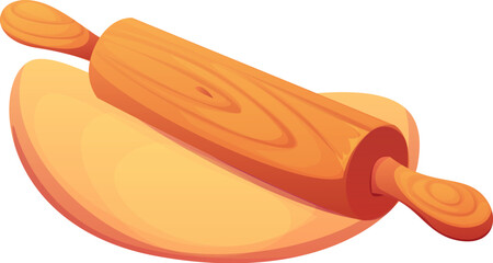 Wooden rolling pin on flattened dough representing cooking process and food preparation for baking. Cartoon vector culinary, recipe, and kitchen theme empathizes tradition and homemade food creation