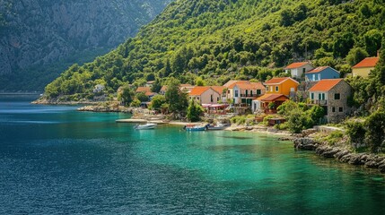 Fototapeta premium A coastal village with colorful houses nestled against steep hills, overlooking a calm, clear sea.