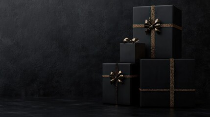 Black stylish gift boxes on the black wall background with copy space for text. Black Friday banner
