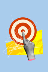 Vertical creative art collage of hand push center target development bsiness aim achievement growth...