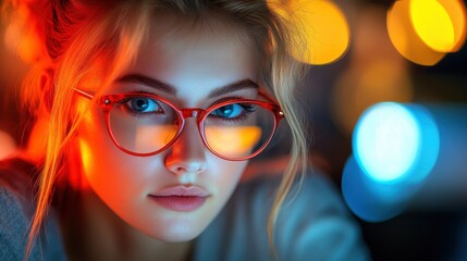 Fototapeta premium Young Woman in Glasses Looking at the Camera with a Thoughtful Expression