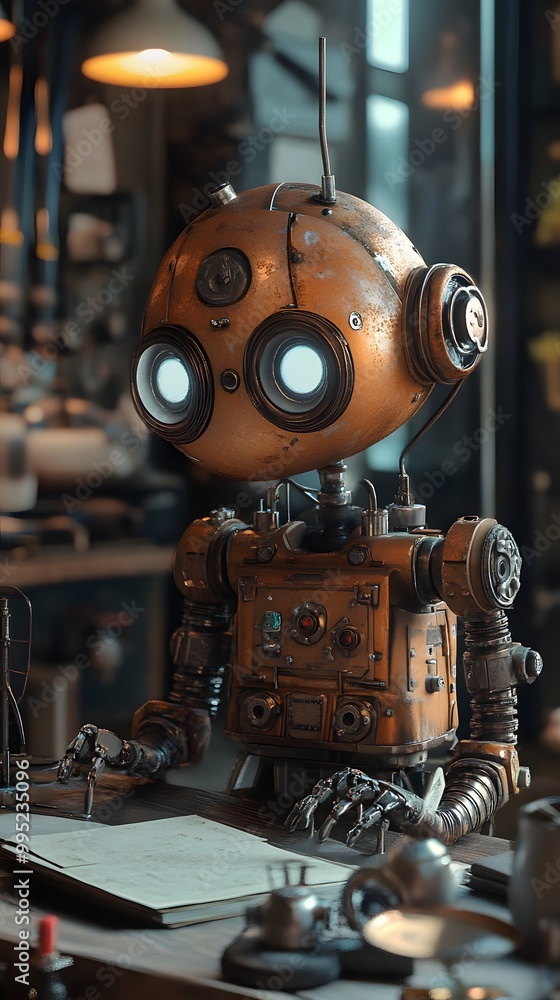 Poster 75. a whimsical robot workshop with gadgets and inventions