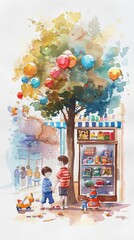 Naklejka premium A boy and a girl are standing in front of a store with a tree in the background