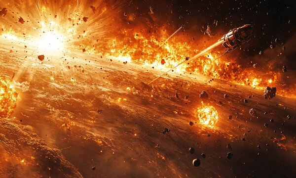Spacecraft Amidst a Fiery Cosmic Catastrophe