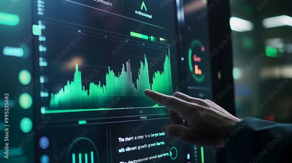 Poster hand interacting with a green line chart on a computer screen