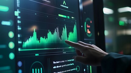 Obraz premium Hand Interacting with a Green Line Chart on a Computer Screen