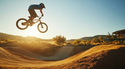 Obraz premium Extreme BMX Rider Mid-Air Trick on USA Dirt Track - High Energy Action Sports Photography