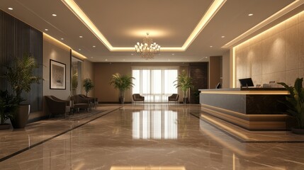 A corporate lobby with elegant furniture, bright lighting, and a large reception desk under modern chandeliers.