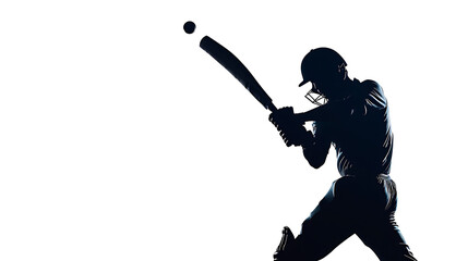 Black sillhouttee of a young batsman on white background hitting a ball, cricket poster, ad, 