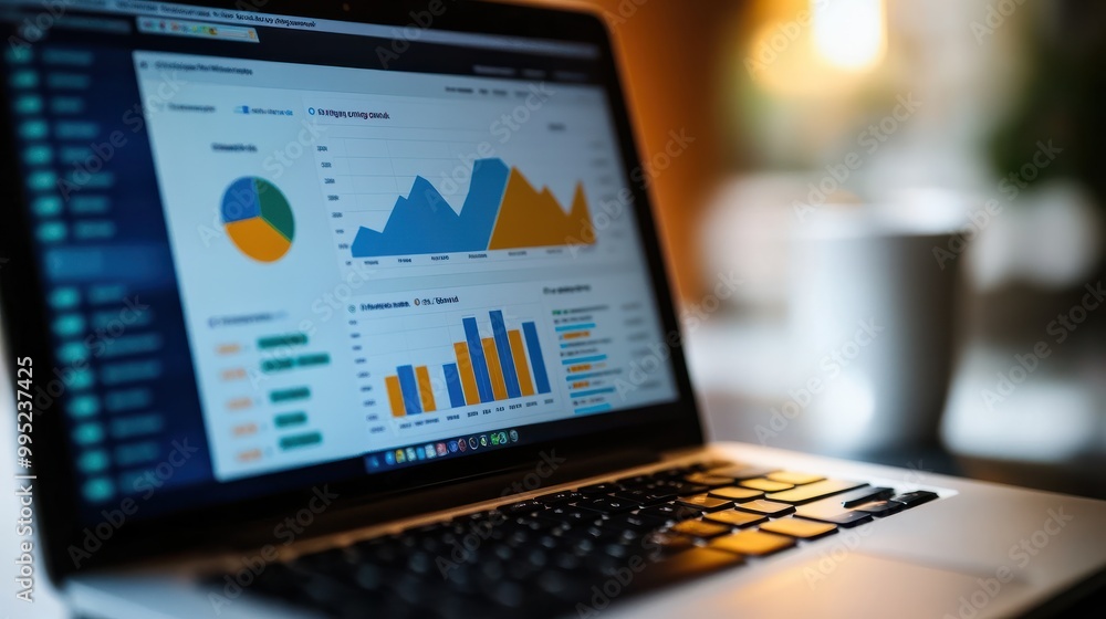 Poster close-up of a laptop screen showing sales analytics and revenue graphs, monitoring the performance o