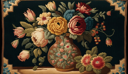 Print of flowers in a vase, 18th century silk rug design with floral pattern style