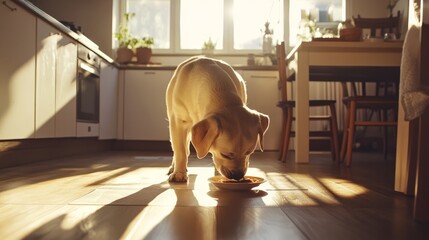 Dog retriever is eating at home, modern bright kitchen, Labrador puppy enjoying breakfast in sunlit kitchen, pet food marketing