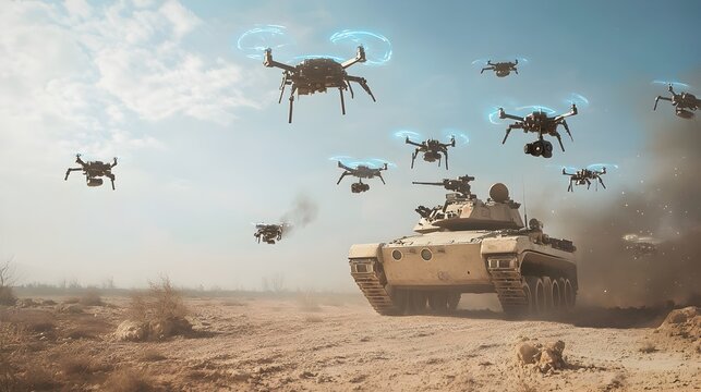 Futuristic tank protected by a defensive swarm of autonomous drones utilizing advanced aerial surveillance and firepower to shield against enemy attacks from above