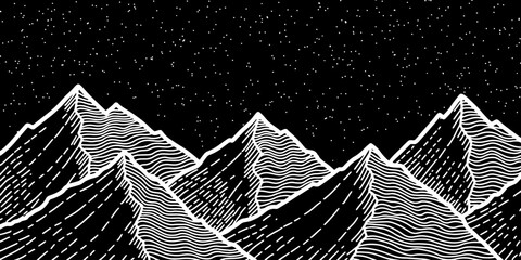 Abstract mountain contemporary aesthetic backgrounds landscapes on black background. Hand drawn Mountain line arts illustration.