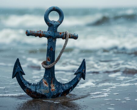 A rusty anchor sitting on the beach in front of waves. AI.