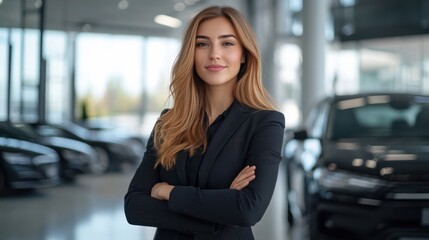 Confident female sales associate posing in a modern car showroom, representing professionalism and trust