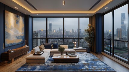 A living room with a large window overlooking the city. AI.