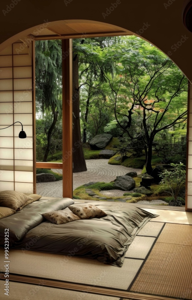 Poster a bed with a large window in the middle of it. ai.