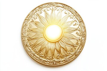 Elegant golden decorative plate with intricate floral patterns and a radiant center, perfect for home decor or artistic inspiration.
