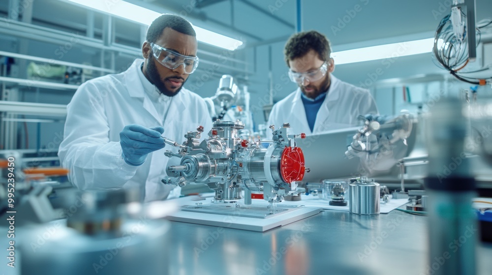 Poster scientists working in advanced laboratory setting