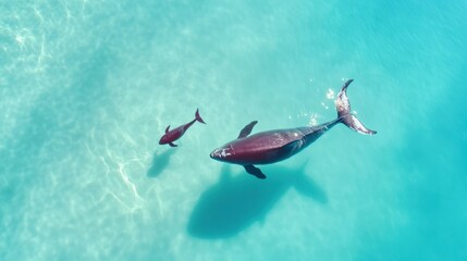 Fototapeta premium Whale and Calf Swimming in Clear Blue Water