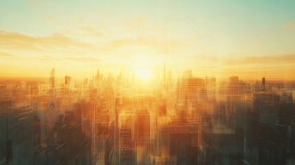 City skyline at sunset with soft lighting