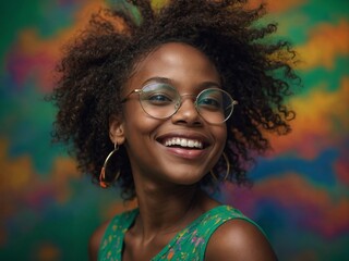 Young Black woman with curly black hair, wearing round glasses and green floral dress, smiling against colorful abstract background