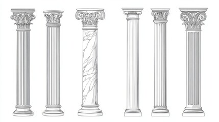 Line Greek pillars and Roman columns, ancient architecture and antique buildings